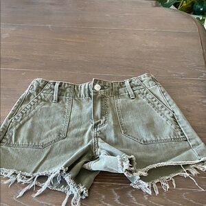 PAIGE Olive Frayed Jean Shorts